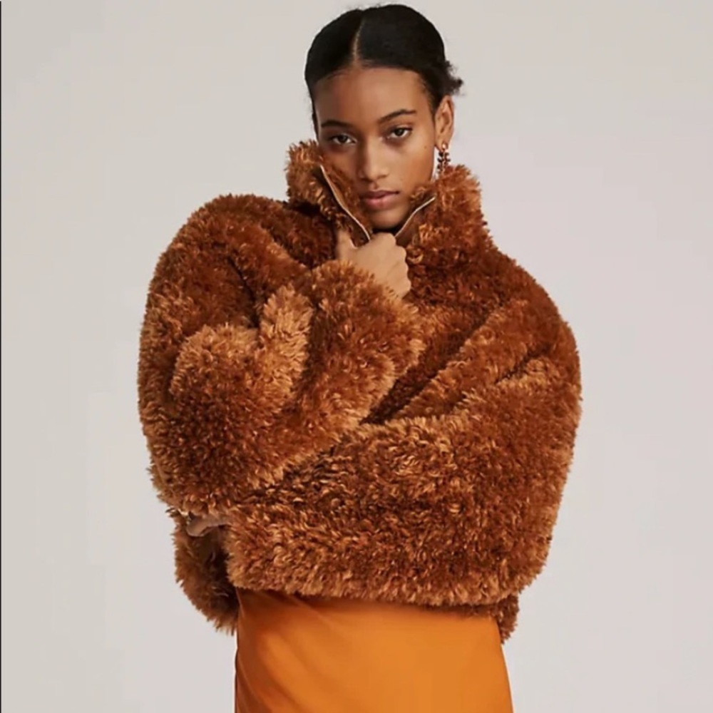 Anthropologie Maeve Teddy Zip-Up Coat Faux Fur Cropped Honey Brown NWT$170 2X